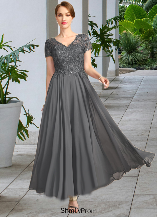 Makenna A-line V-Neck Illusion Ankle-Length Chiffon Lace Mother of the Bride Dress With Sequins HP8126P0021830