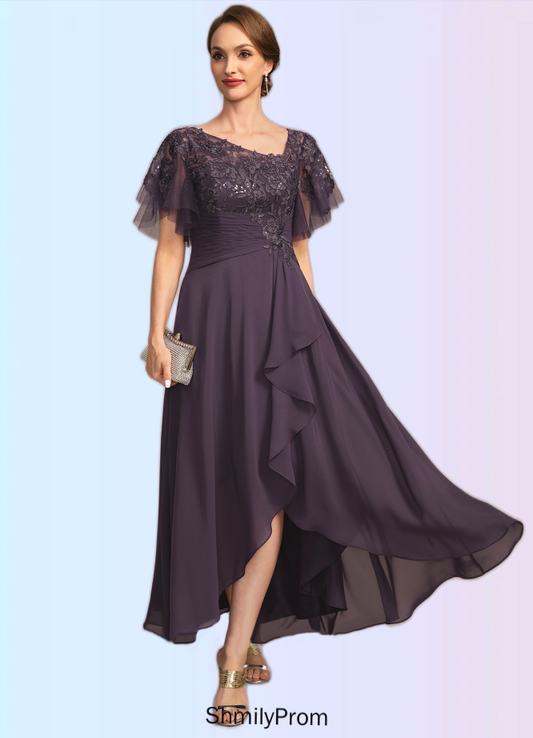 Riley A-line Asymmetrical Asymmetrical Chiffon Lace Mother of the Bride Dress With Cascading Ruffles Sequins HP8126P0021846