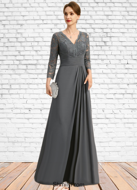 Jayla A-line V-Neck Floor-Length Chiffon Lace Mother of the Bride Dress With Pleated HP8126P0021850