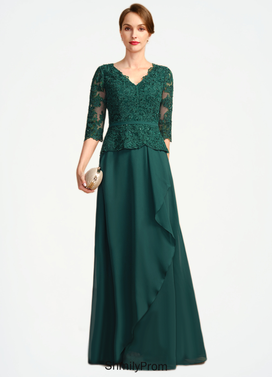 Gina A-line V-Neck Floor-Length Chiffon Lace Mother of the Bride Dress With Cascading Ruffles Sequins HP8126P0021934