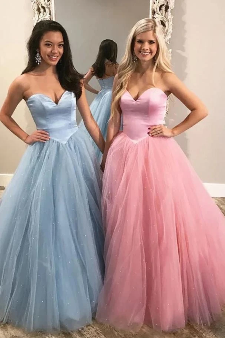 Unique Ball Gown Sweetheart Strapless Tulle Prom Dresses Cheap Formal STCP9XCMAHS