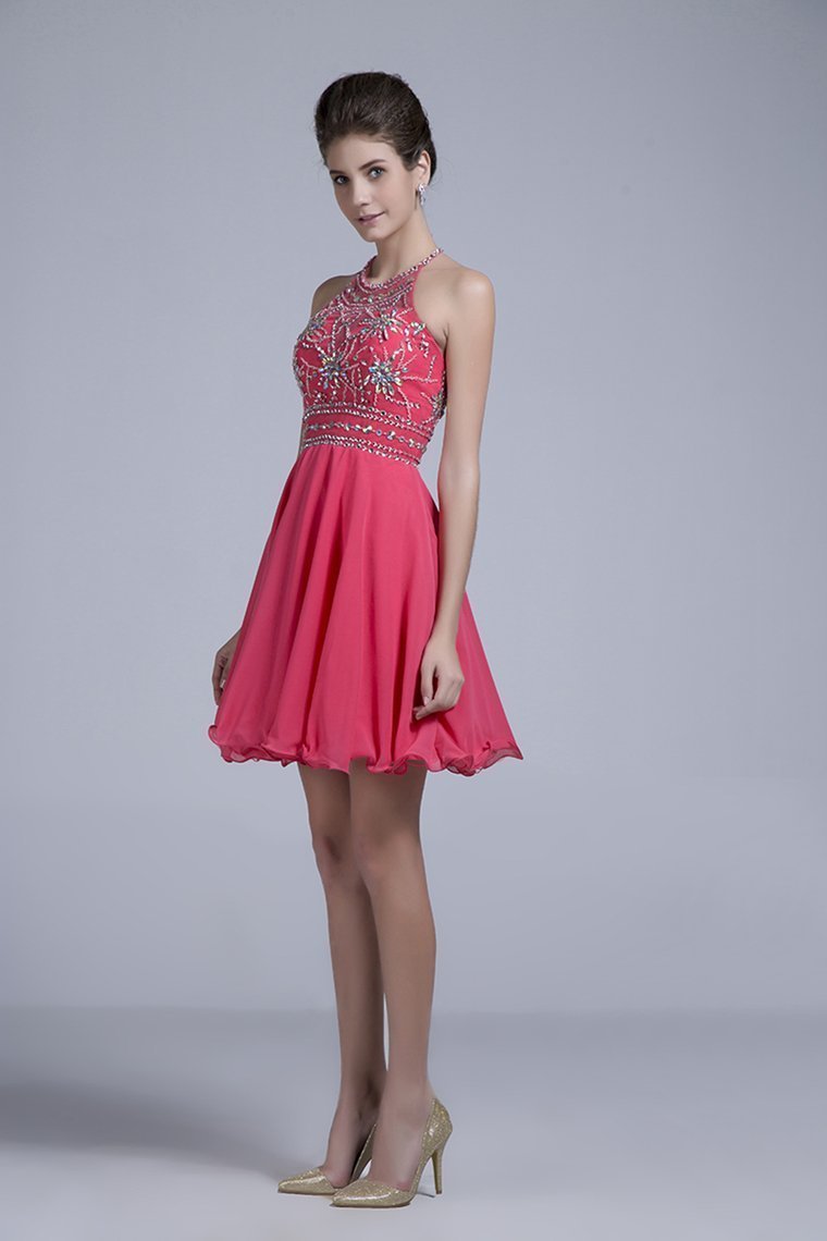 2021 Halter A Line Sexy And Cute Homecoming Dress Short/Mini Chiffon&Tulle Beaded