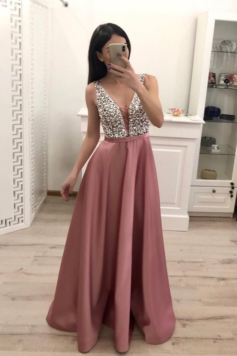 2021 Prom Dress V Neck Satin With Beads And Sequins Floor