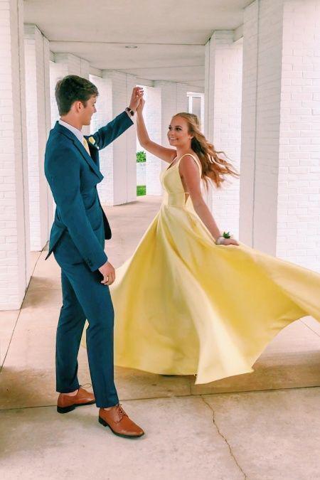 Unique A Line Yellow Satin Prom Dresses with Pockets Simple Formal STC15680