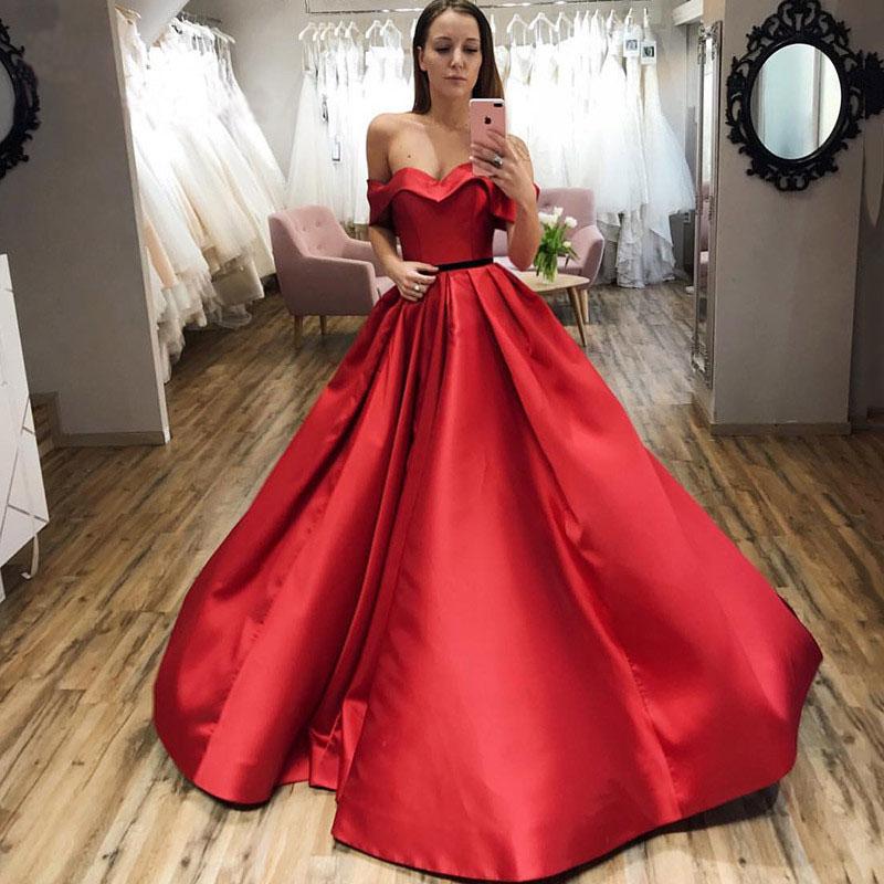 Red Ball Gown Off the Shoulder V Neck Satin Prom Dresses Evening STC15660