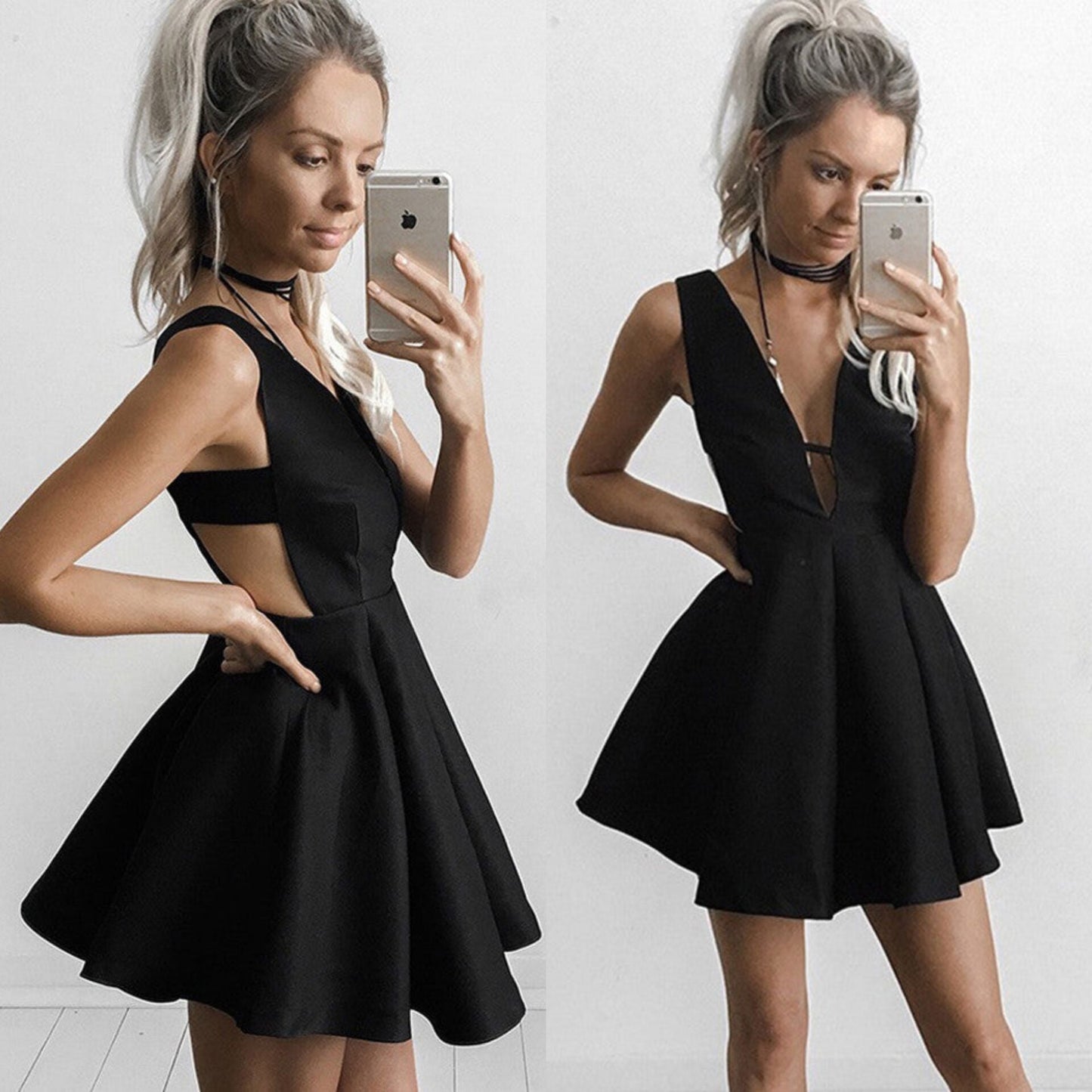 Sexy Deep V-Neck A-Line Black Satin Short Homecoming Dresses