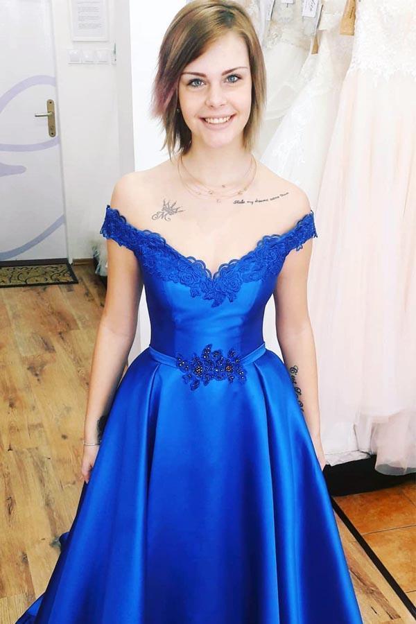 Royal Blue Sweetheart Off the Shoulder Satin Lace up Prom Dresses with Appliques