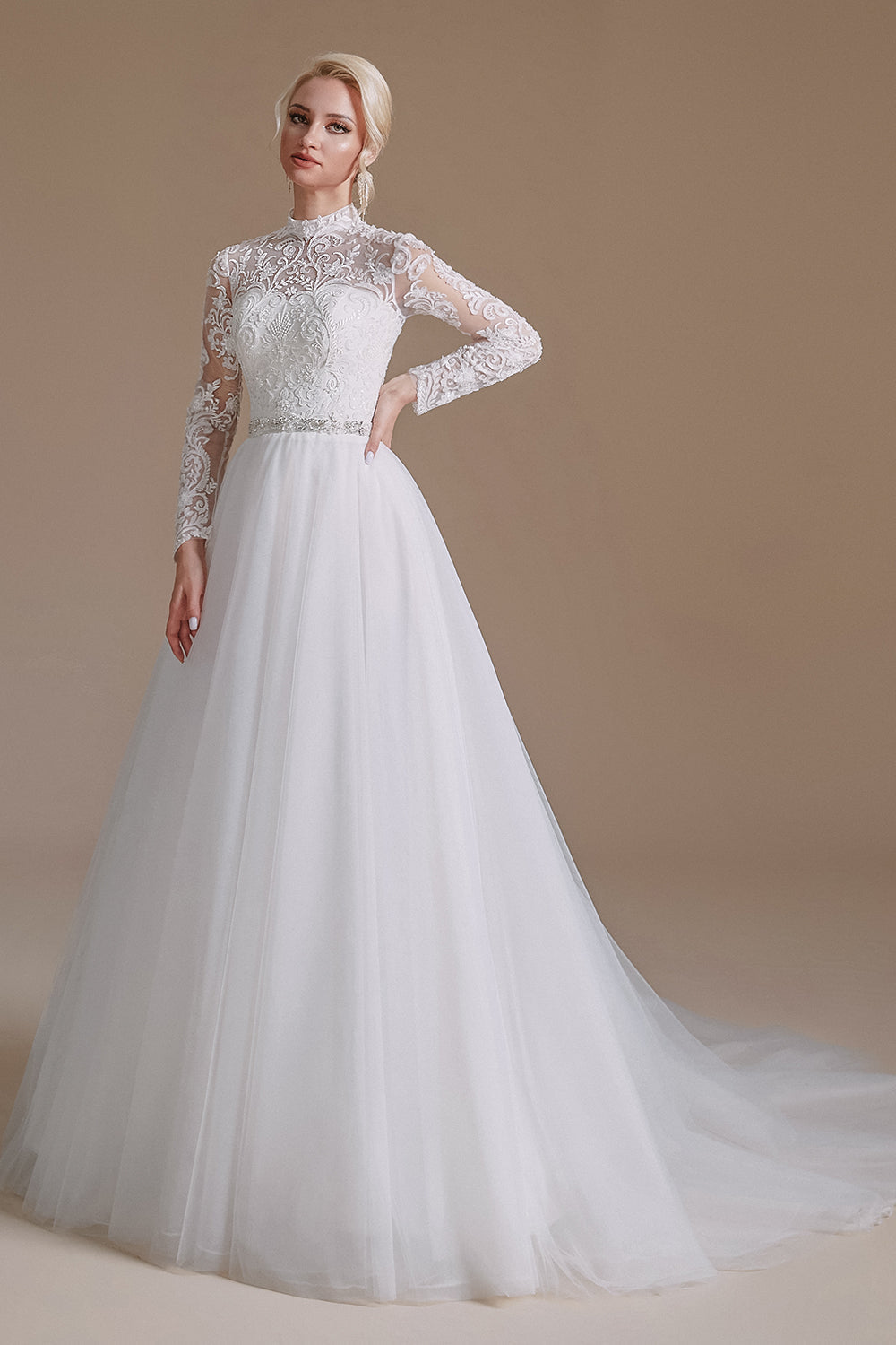 A-Line Lace Appliques Long Sleeve Tulle Chapel Train Wedding Dresses