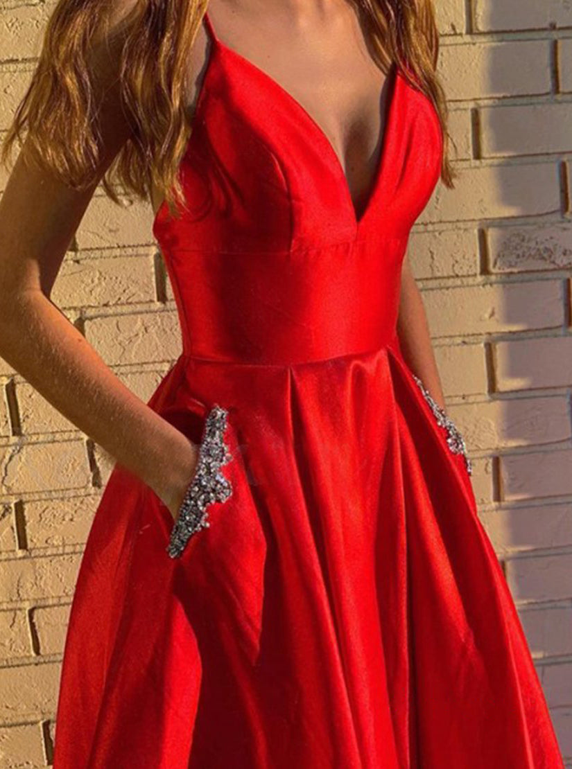 A Line Satin Spaghetti Straps Prom Dresses with Beading Pockets