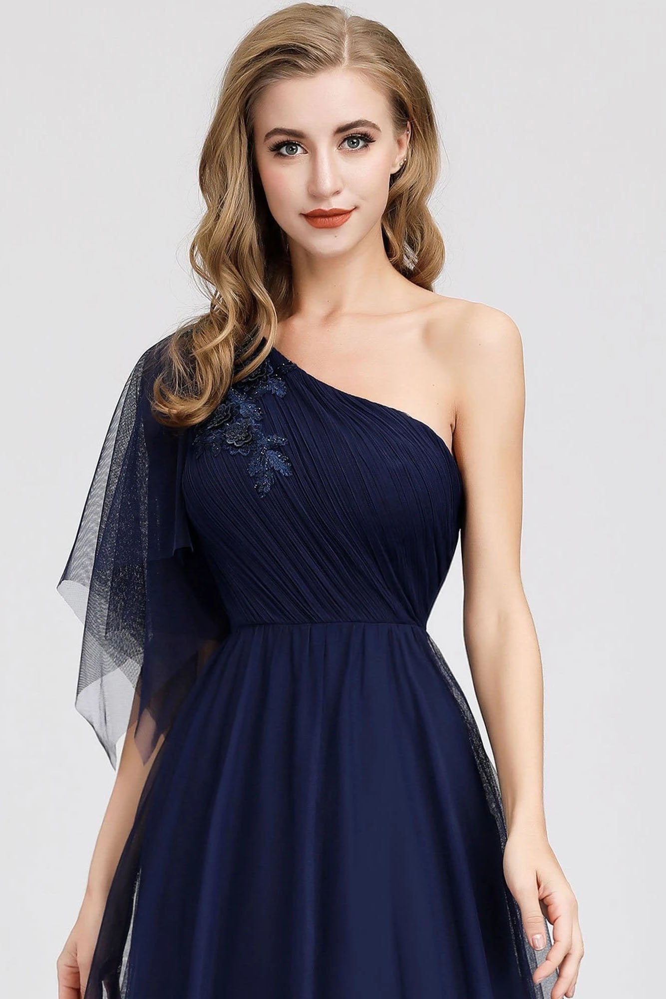 Simple A Line One Shoulder Navy Blue Tulle Prom Dresses Cheap Formal Dresses STC15382