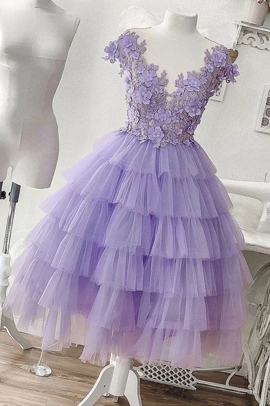 A-line Applique Lilac Tulle Short Homecoming Dresses With Layered