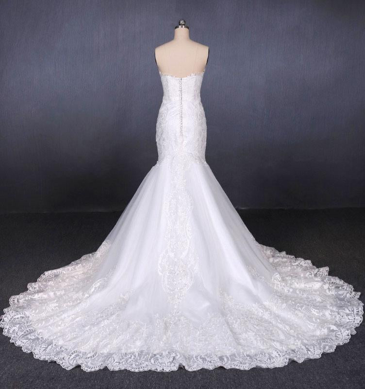 Charming Strapless Sweetheart Mermaid Lace Appliques White Wedding Dresses STC15128