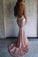 Rose Gold Sequins Mermaid Prom Dresses, Backless Evening Dresses