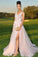 A-line V-neck Appliques Pink Long Prom Dresses, Evening Dresses with Split