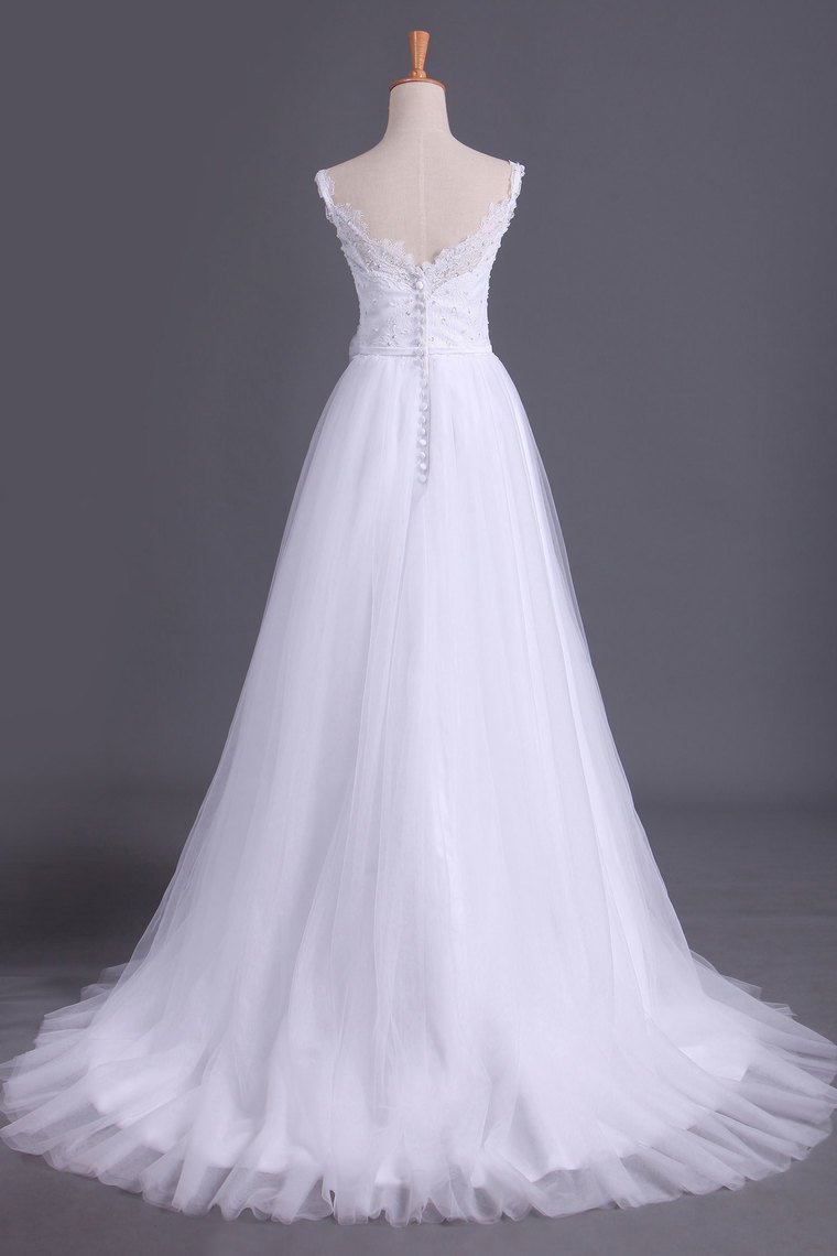 2024 Straps A Line Wedding Dress Court Train Tulle With Applique & Handmade