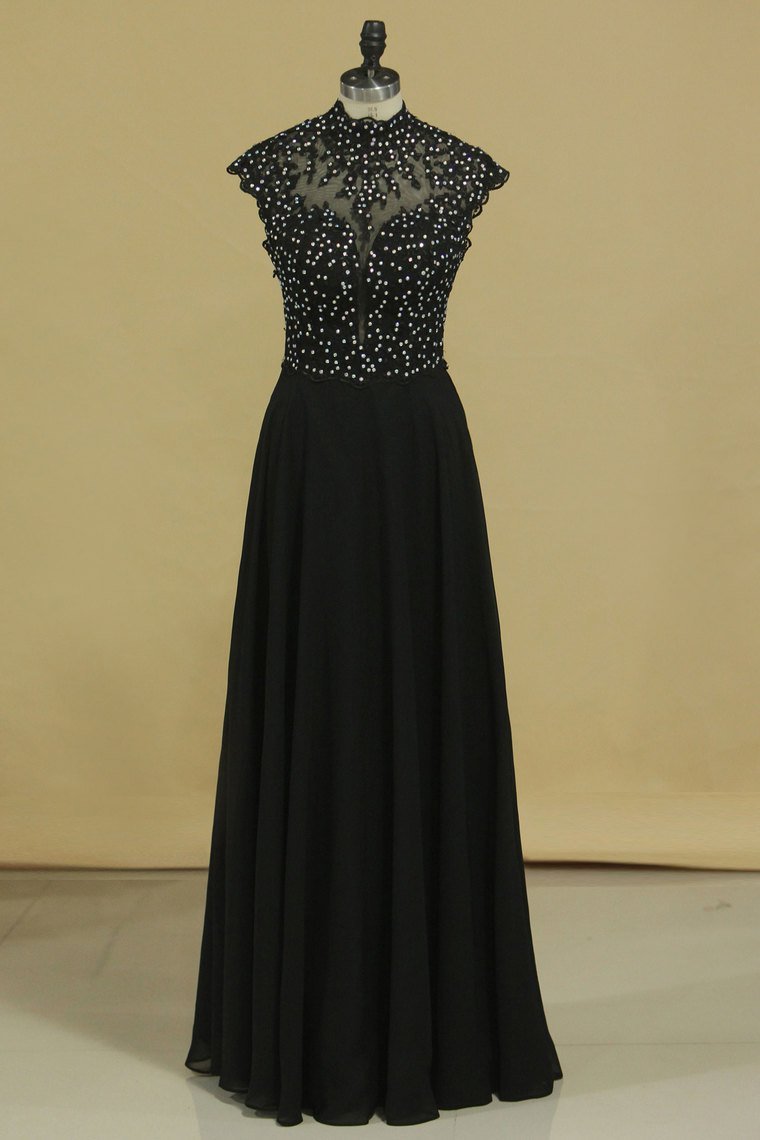 2024 Black High Neck Prom Dresses A Line Chiffon With Applique And Beads