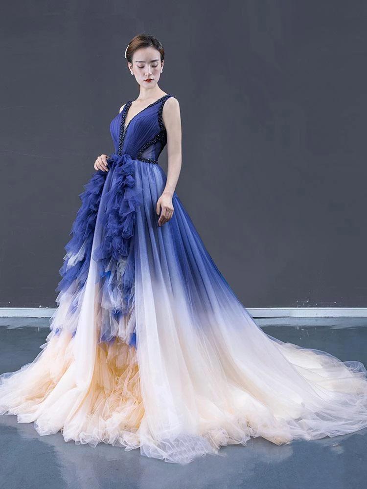 Ball Gown Ombre V Neck Tulle Royal Blue Long Prom Dresses, Quinceanera Dresses STC15067