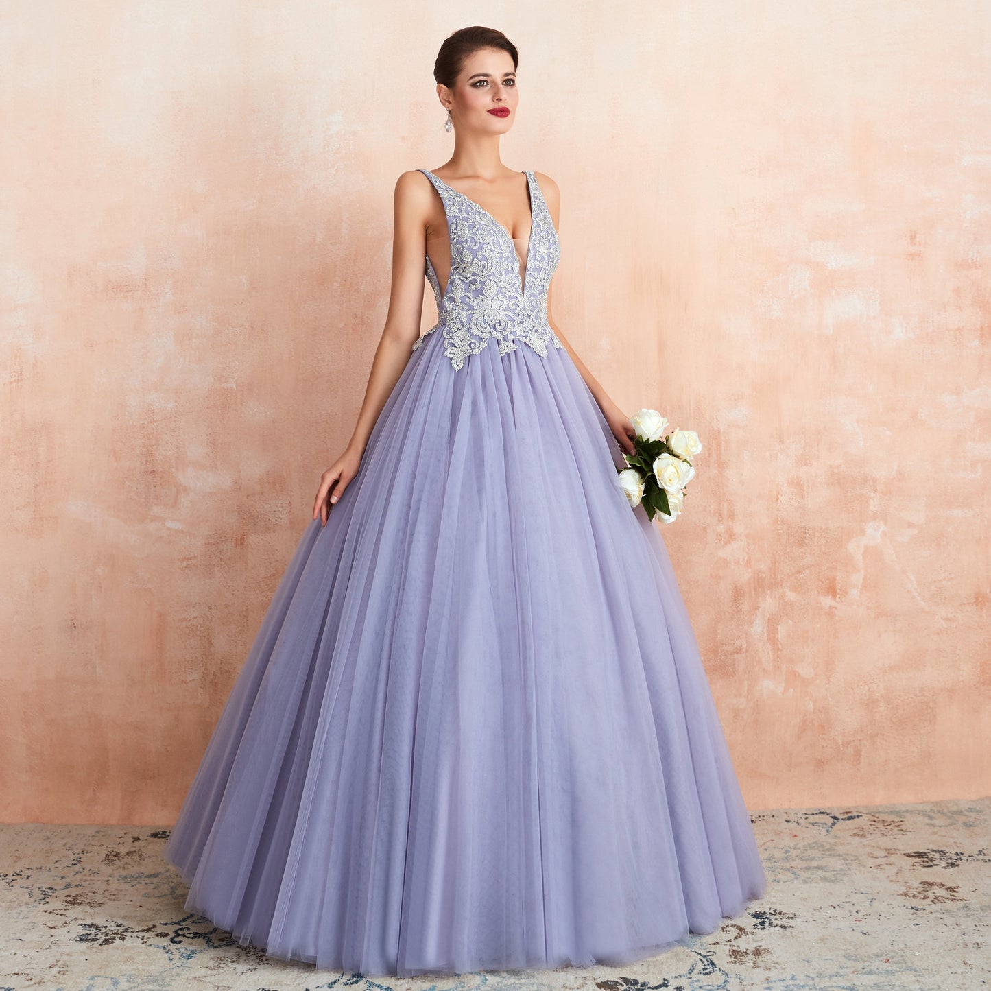 Sleeveless Light Purple Tulle Ball Gown Prom Dresses