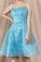 Light Blue Spaghetti Straps Backless Lace Short Homecoming Dresses