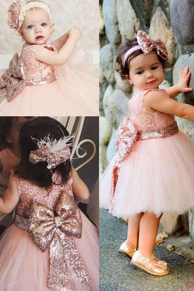 Cute Lace Pink V Back Flower Girl Dress with Bowknot, Round Neck Child Dresses STC15574