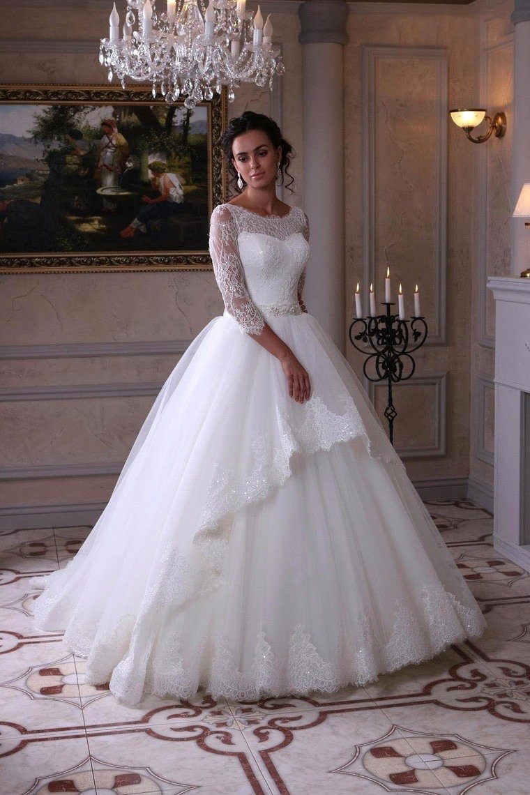 2024 3/4 Length Sleeve Wedding Dresses Ball Gown Tulle With Applique Sweep Train