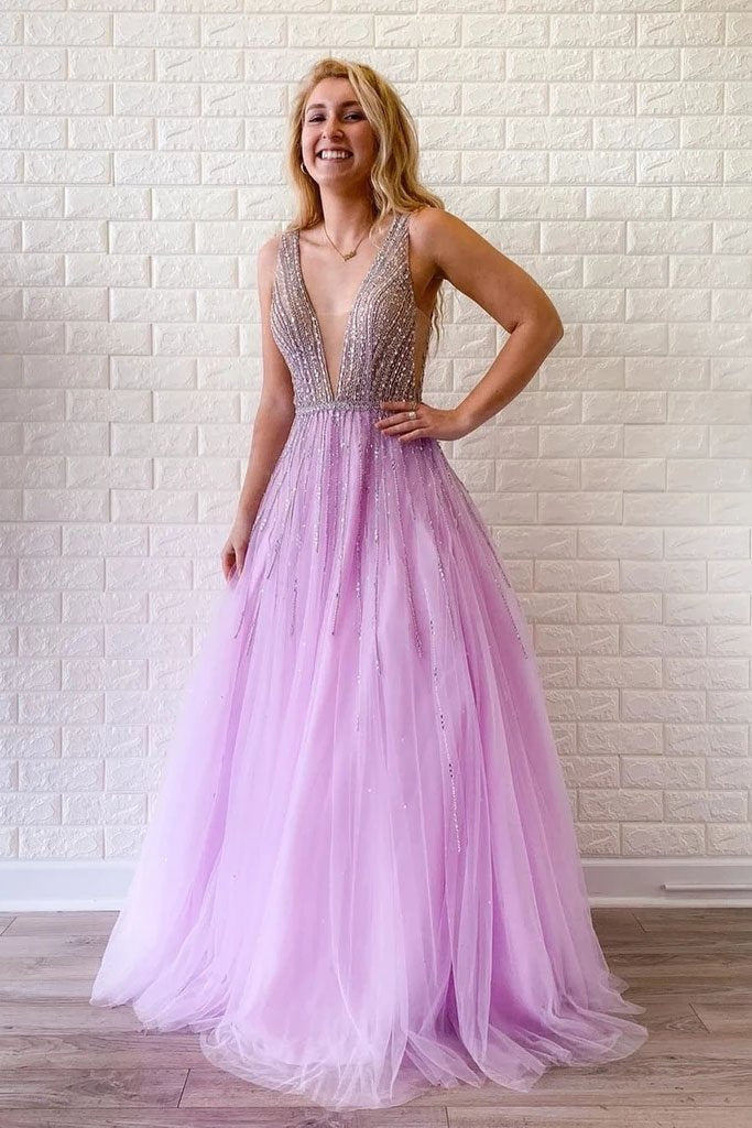 A Line Lilac Deep V Neck Beads Modest Tulle Prom Dresses, Long Formal Dresses STC15490