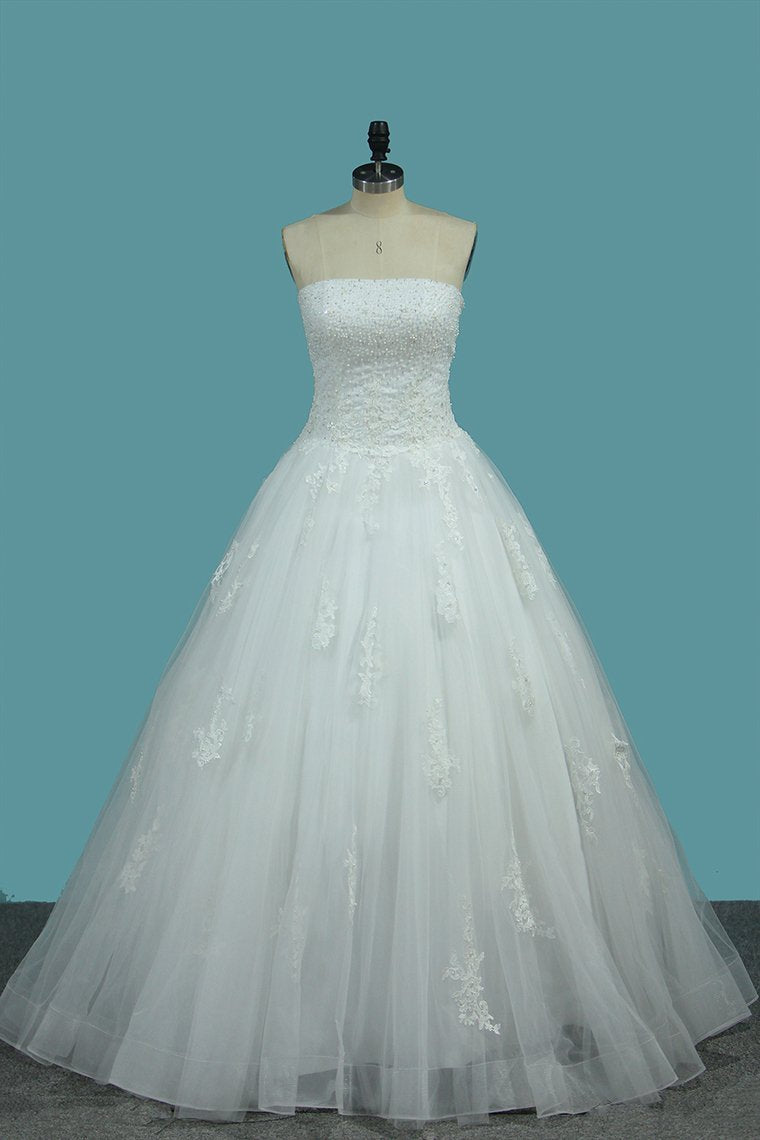 Strapless Ball Gown Tulle Wedding Dresses With Beads