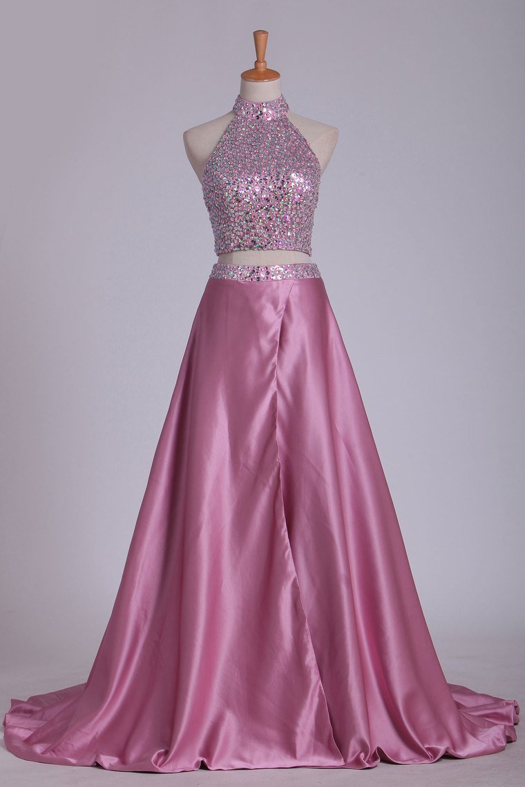 Open Back Two Pieces High Neck Prom Dresses A Line Satin With Beading