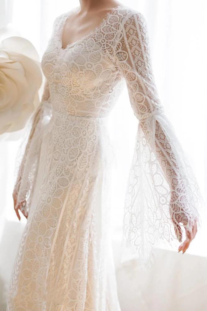 Unique V Neck Lace-up Mermaid Back Bridal Dresses Ivory Lace Trumpet Sleeve Wedding Dresses STC15469