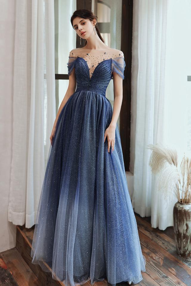 Charming A Line Blue Ombre Tulle Prom Dresses with Open Back, Evening STC15622