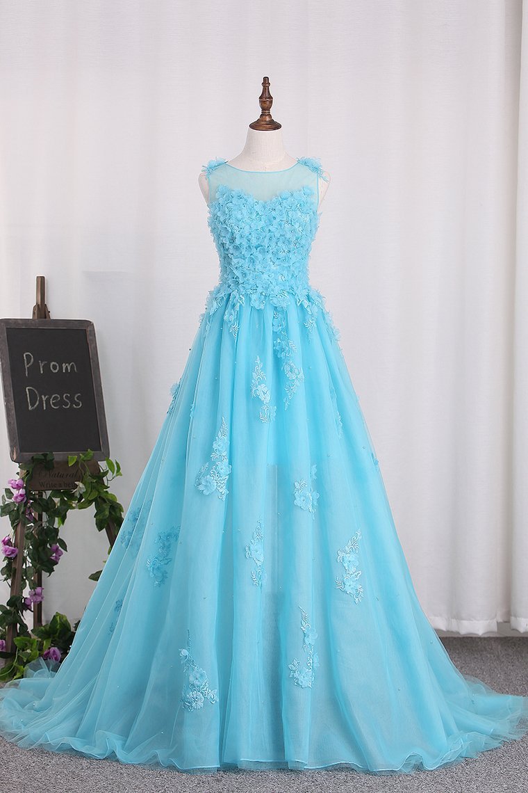 A Line Prom Dresses Tulle Bateau With Applique And Handmade Flower Sweep