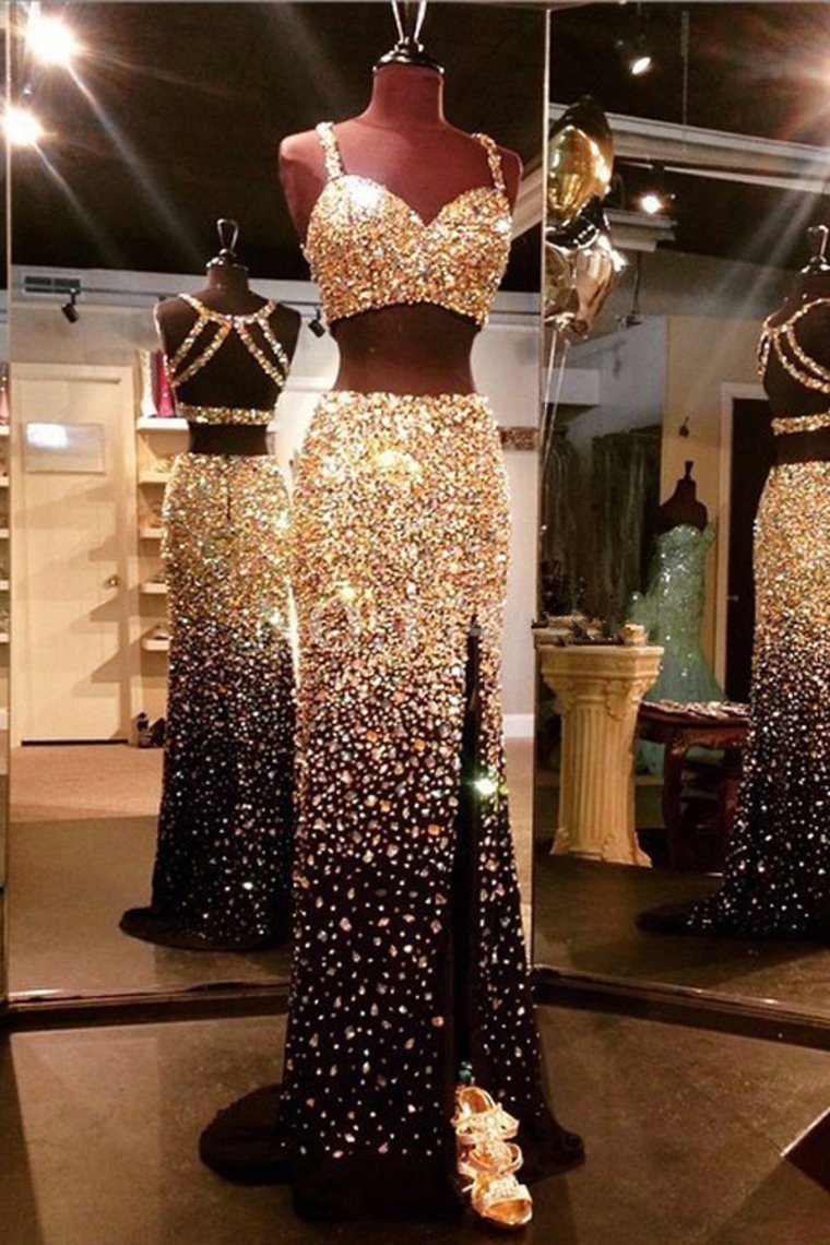 Sparkly Gold And Black 2 Pieces Beading Sheath Evening Dresses Prom