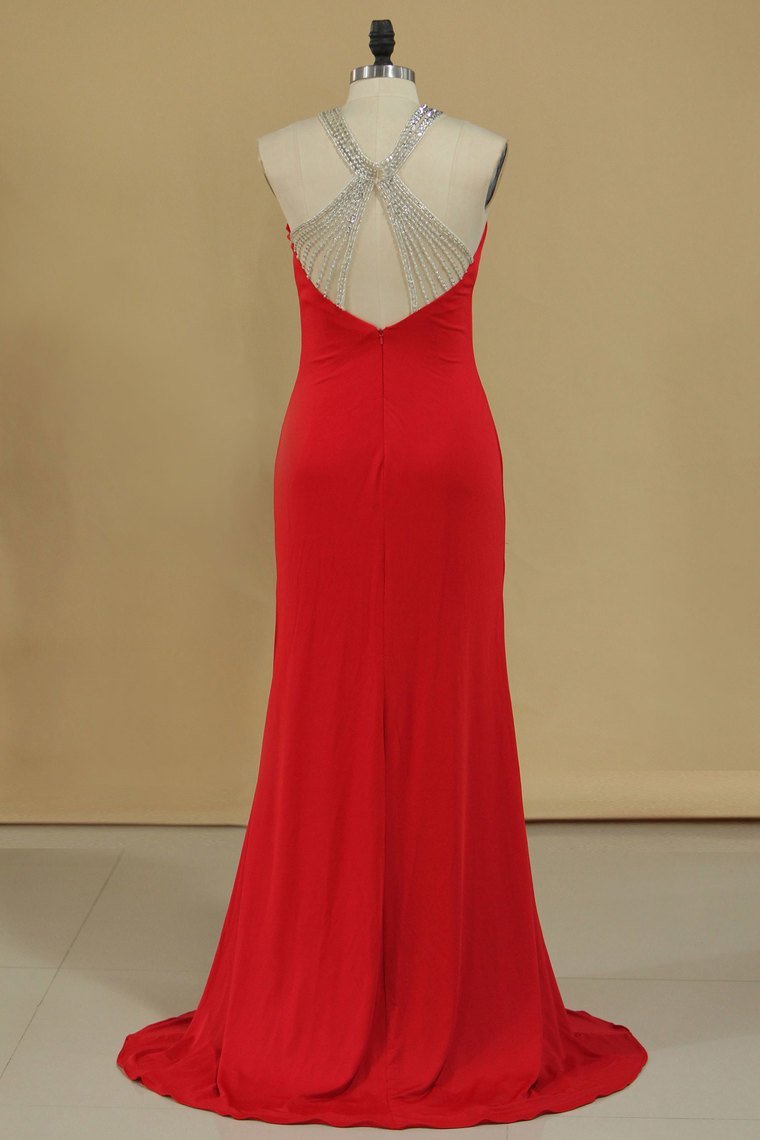 Halter Spandex With Beads Sweep Train Sheath Prom Dresses