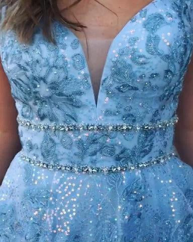 Elegant A Line Lace Appliques Blue V Neck Prom Dresses Long Evening STC15635