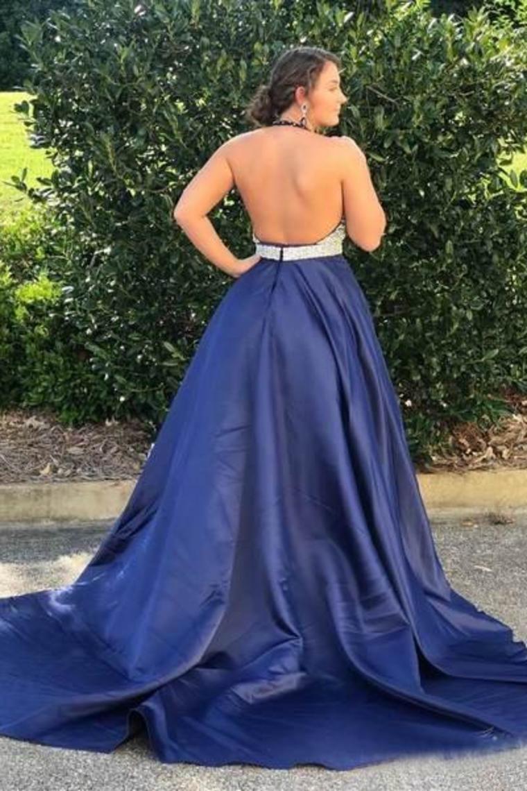 2024 Prom Dress Halter Satin With Beads&Sequins Open Back Court