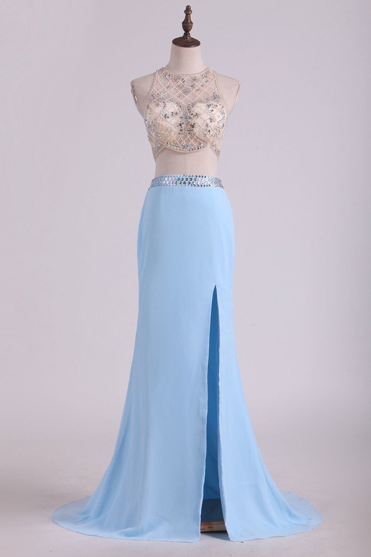 Prom Dresses  Scoop Sheath Two Pieces Chiffon With Beading And Slit Sweep Train