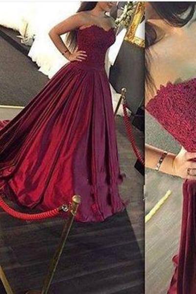 Gorgeous Long Sweetheart Strapless Ball Gown Lace Formal Dress Burgundy Prom Dresses