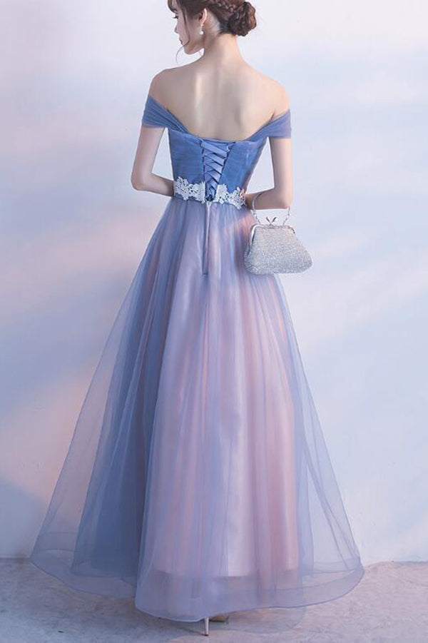 Elegant Blue Off Shoulder Sweetheart A Line Prom Dresses with Appliques