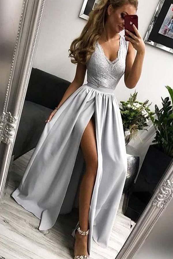 Chic A Line V Neck Open Back Lace Floor Length Prom Dresses with Split