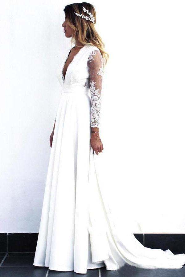Charming White V Neck Long Sleeves Satin Wedding Dresses, Long Cheap Bridal Dresses STC15507