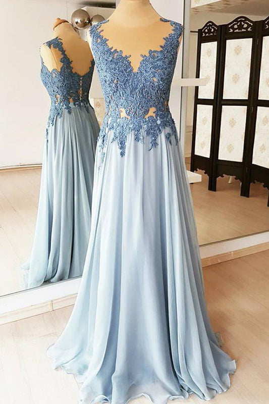 Chiffon Light Blue Lace Appliques Long Formal Prom Dresses
