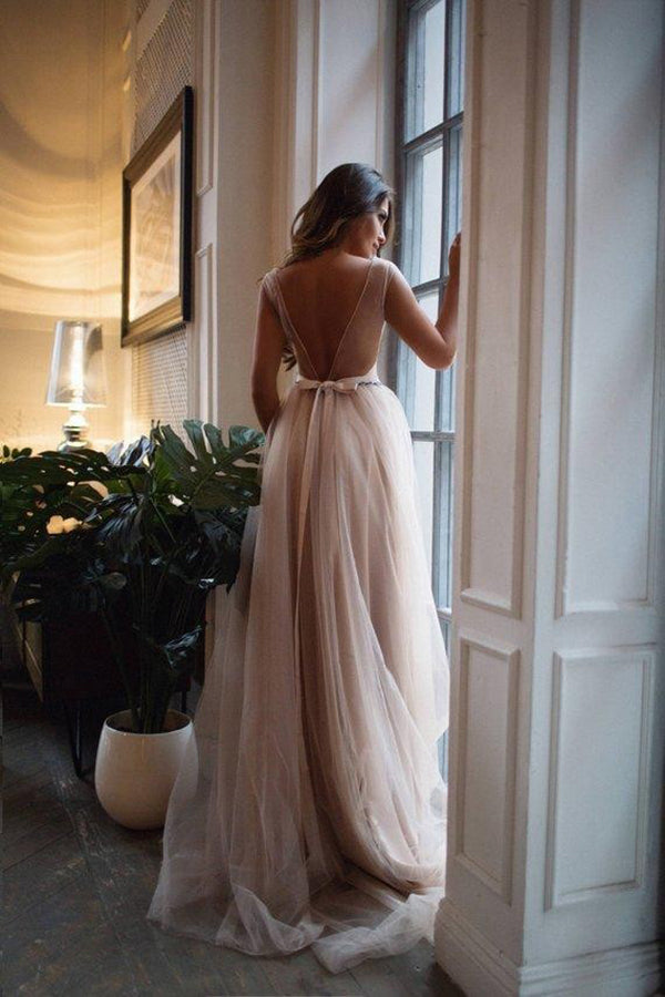 Romantic Sleeveless A Line Appliques Sweep Train Tulle Backless Prom Dresses