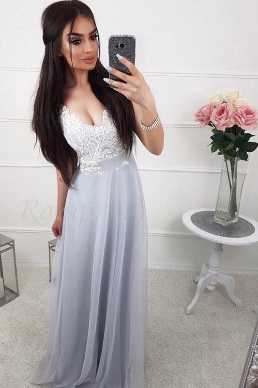 Chic A Line Chiffon Lace V Neck Prom Dresses Formal Party Dresses