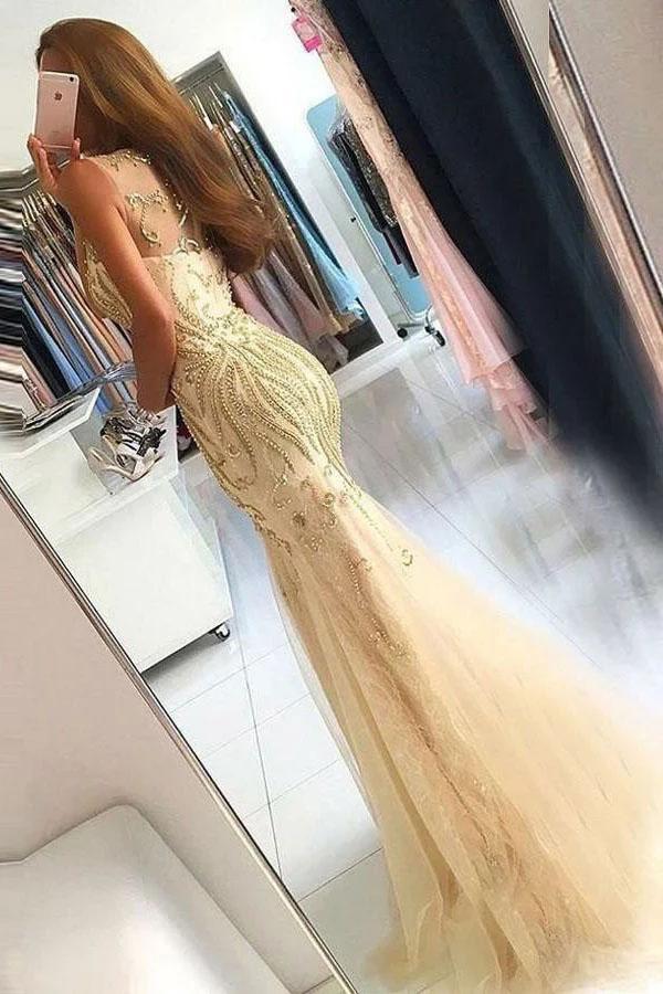 Elegant Mermaid Tulle Sleeveless Prom Dresses with Beading, Long Cheap Formal Dresses STC15182