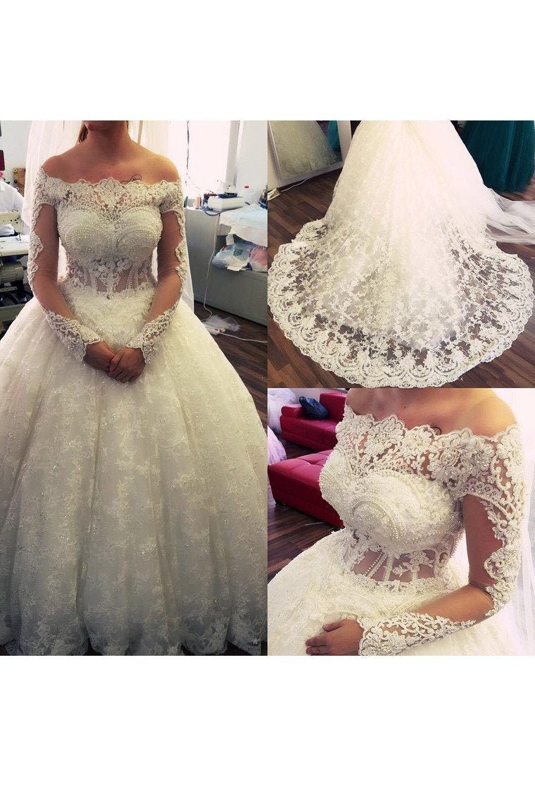 2024 Ball Gown Boat Neck Tulle With Applique And Beads Long Sleeves Wedding
