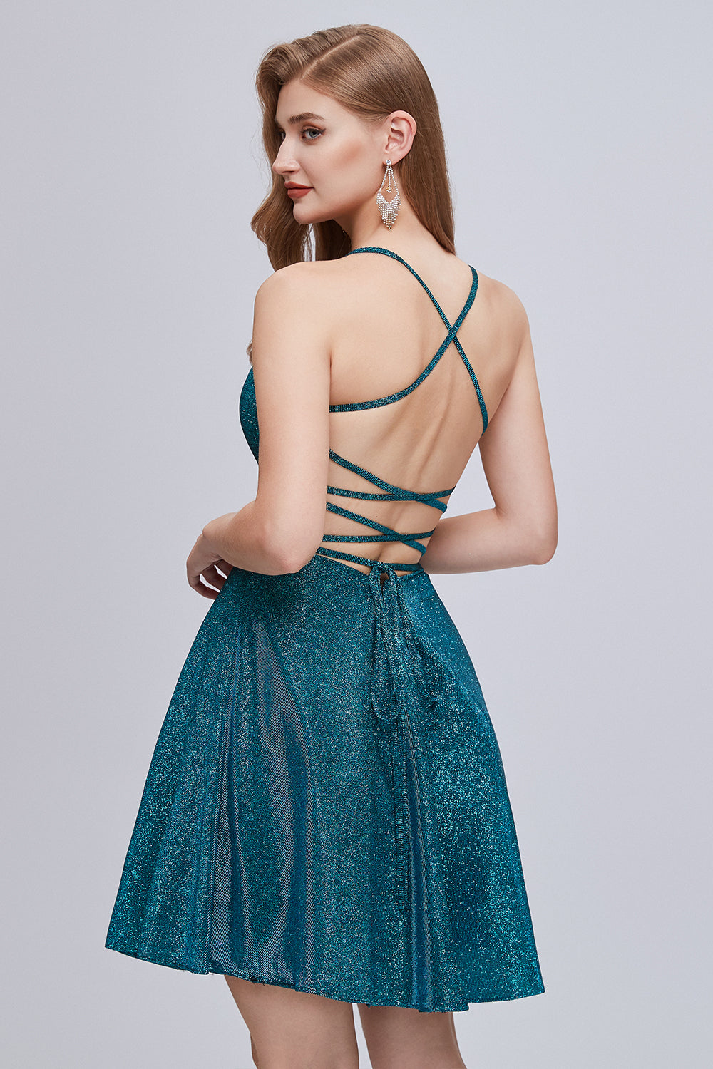 Shinning Spaghetti Strap A Line Backless Lace Up Homecoming Dresses