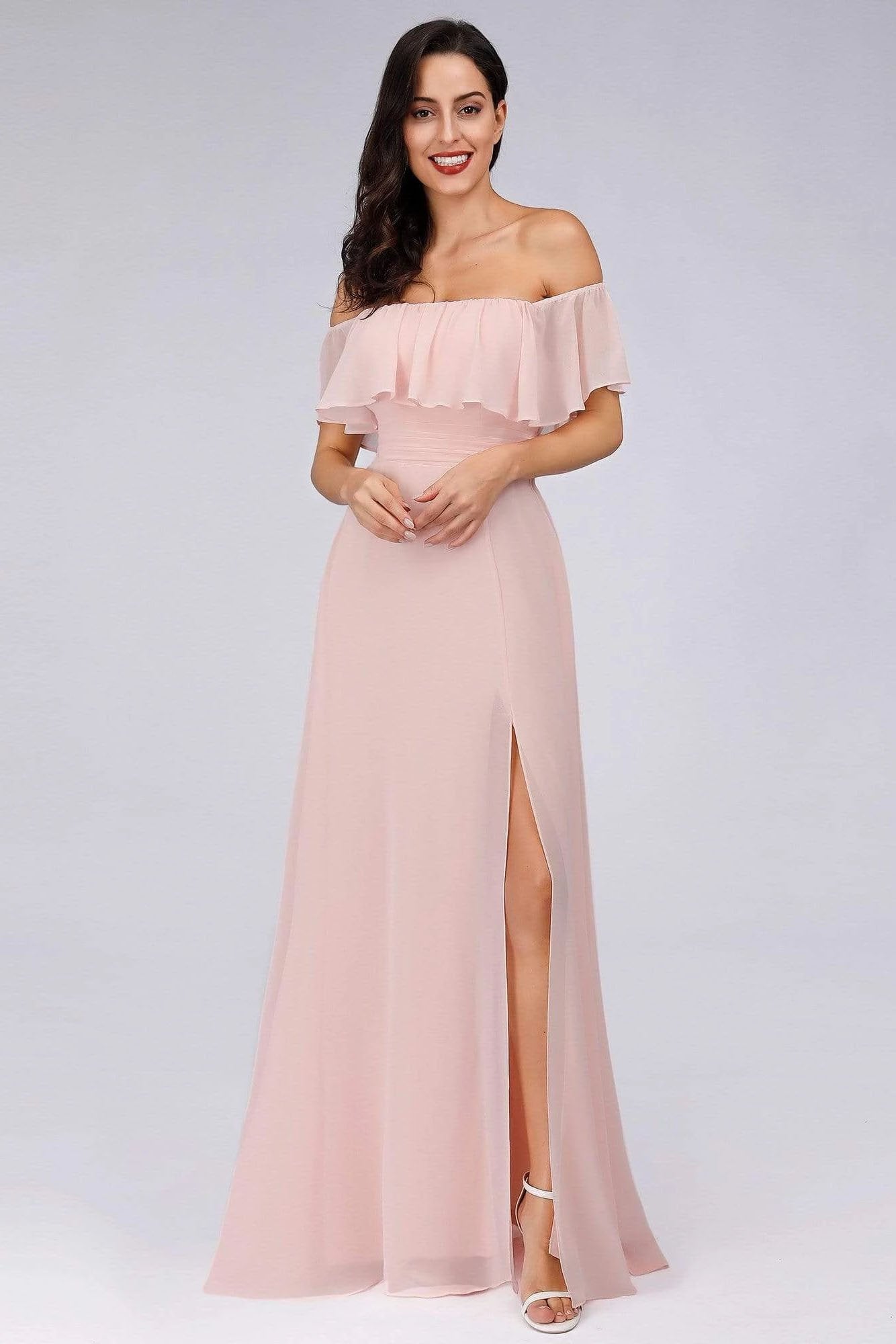 Charming Off Shoulder Ruffle Pink Chiffon Long Prom Dresses Bridesmaid Dresses STC15114