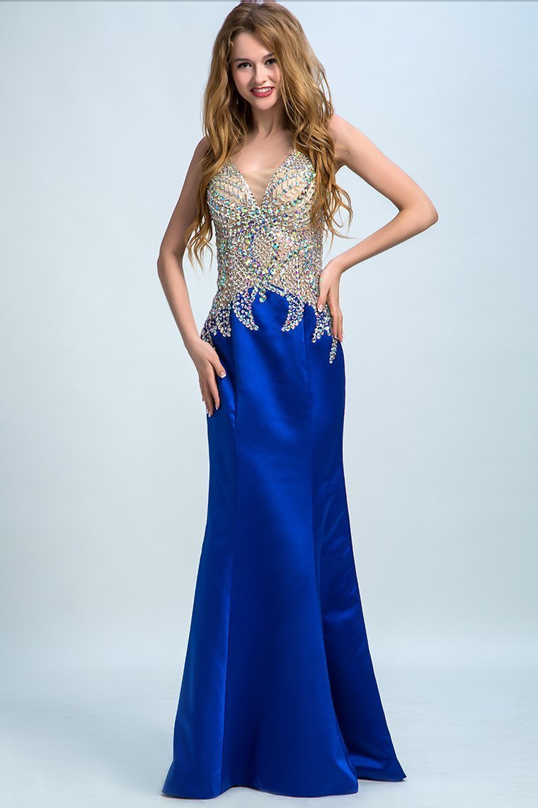 Dark Royal Blue Two-Tone Mermaid Prom Dresses V-Neck Beaded Bodice Satin & Tulle