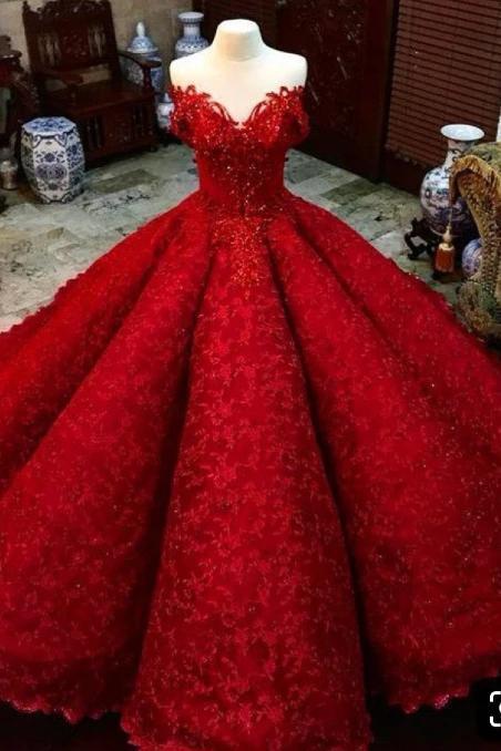 Ball Gown Red V Neck Long Off the Shoulder Prom Dresses, Quinceanera Dresses STC15563