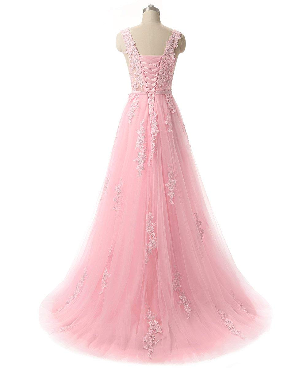 Pretty tulle lace round neck A-line open back long prom